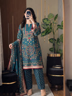 Firozi teal poly lawn 3 piece printed suit with dupatta - view 1