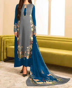 Model wearing a teal and grey kurta with a floral panel and teal dupatta – digital printed silk 3-piece suit
