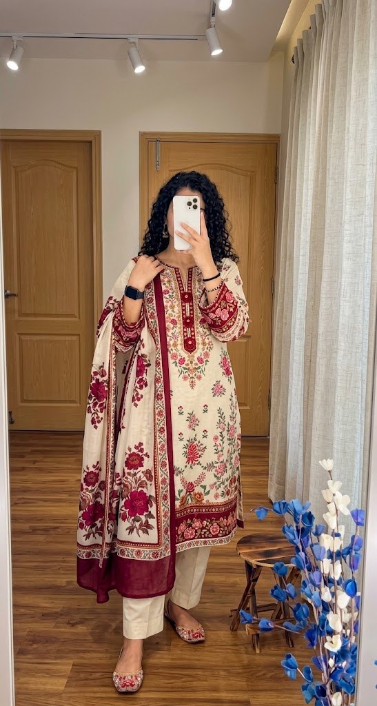 Gulab cream poly lawn 3 piece printed suit with dupatta