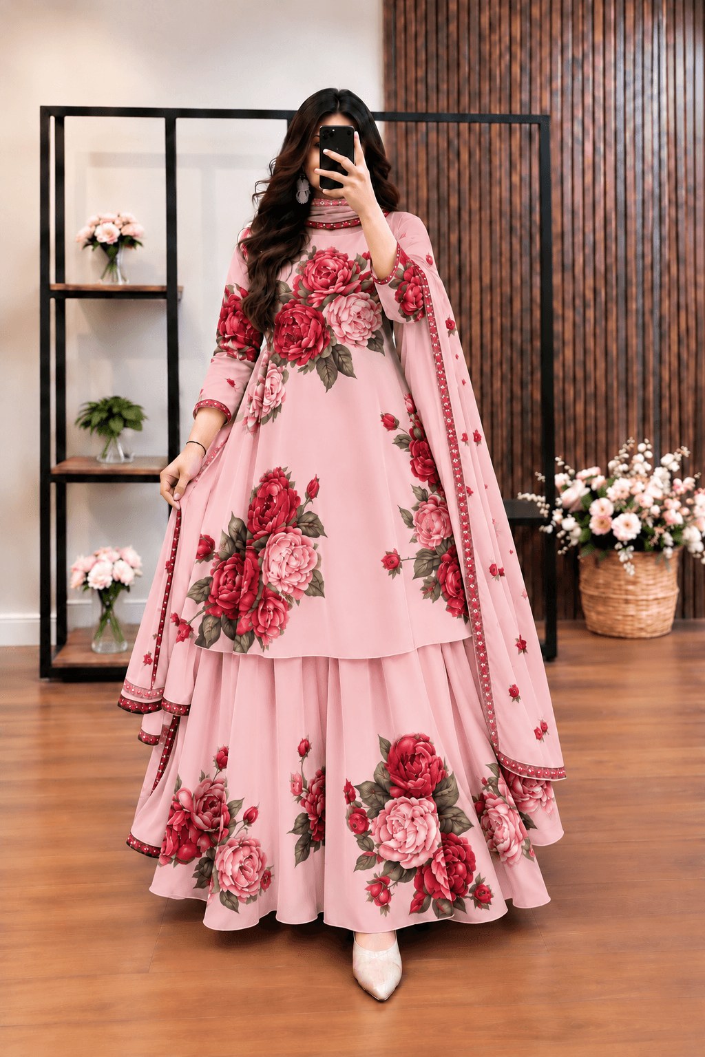 Gulabi - Pink & Red Rose Digital Printed Silk 3 Piece Frock