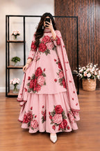 Gulabi - Pink & Red Rose Digital Printed Silk 3 Piece Frock