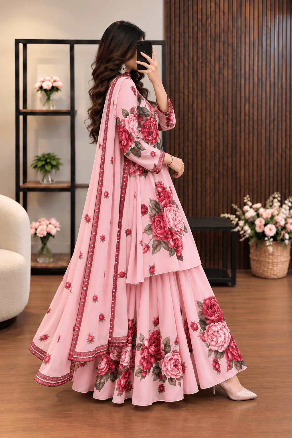 Gulabi - Pink & Red Rose Digital Printed Silk 3 Piece Frock
