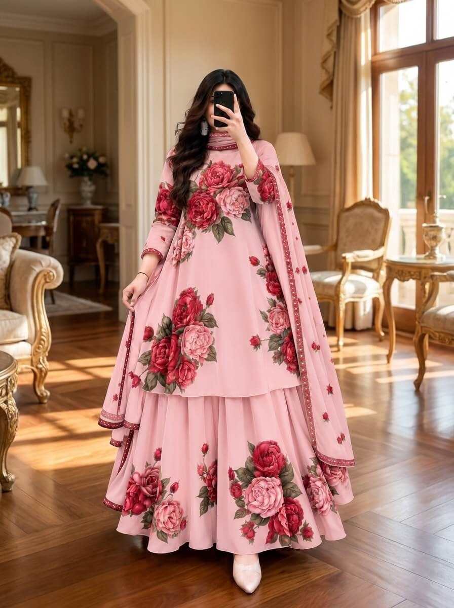 Gulabi - Pink & Red Rose Digital Printed Silk 3 Piece Frock