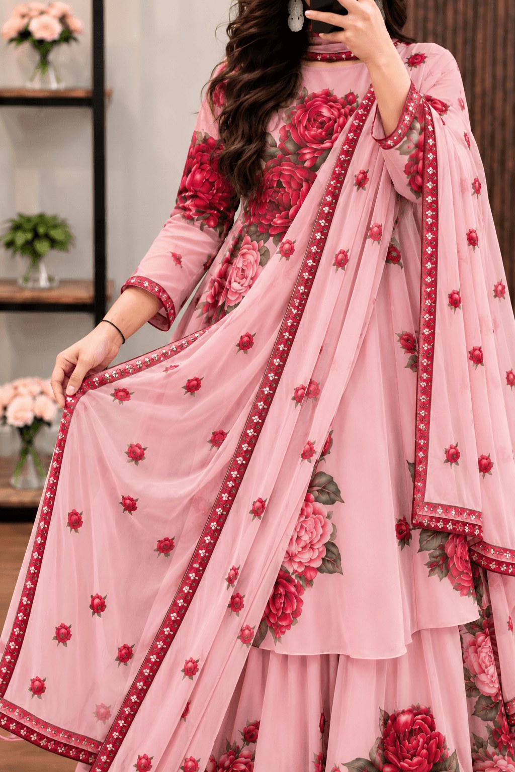 Gulabi - Pink & Red Rose Digital Printed Silk 3 Piece Frock