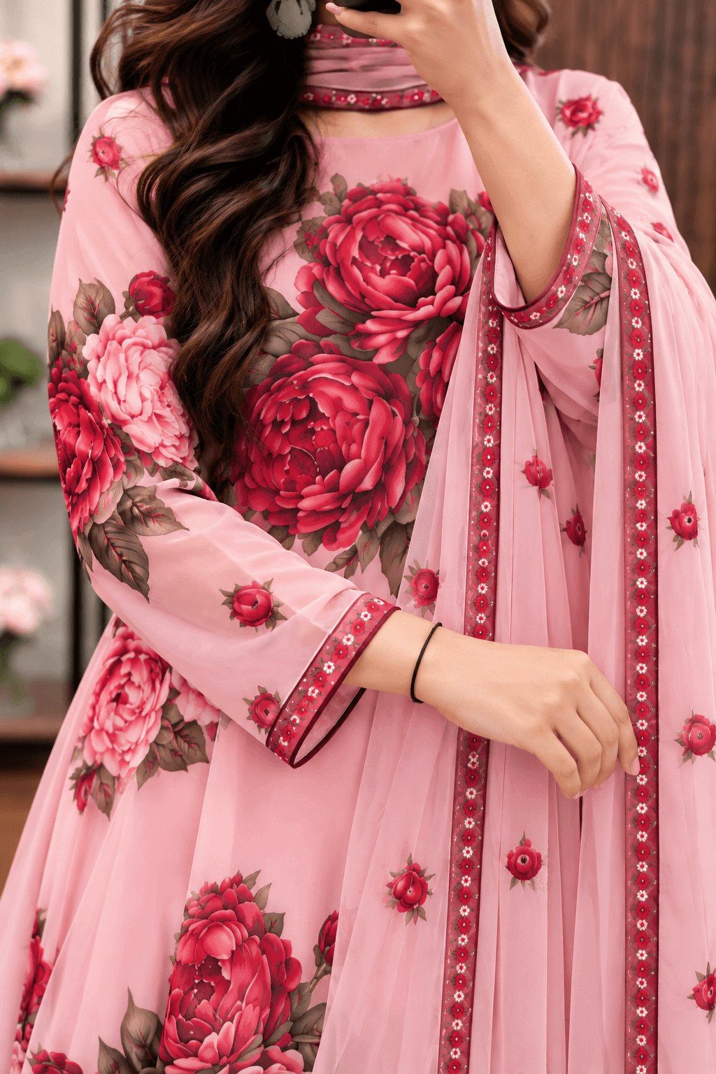 Gulabi - Pink & Red Rose Digital Printed Silk 3 Piece Frock