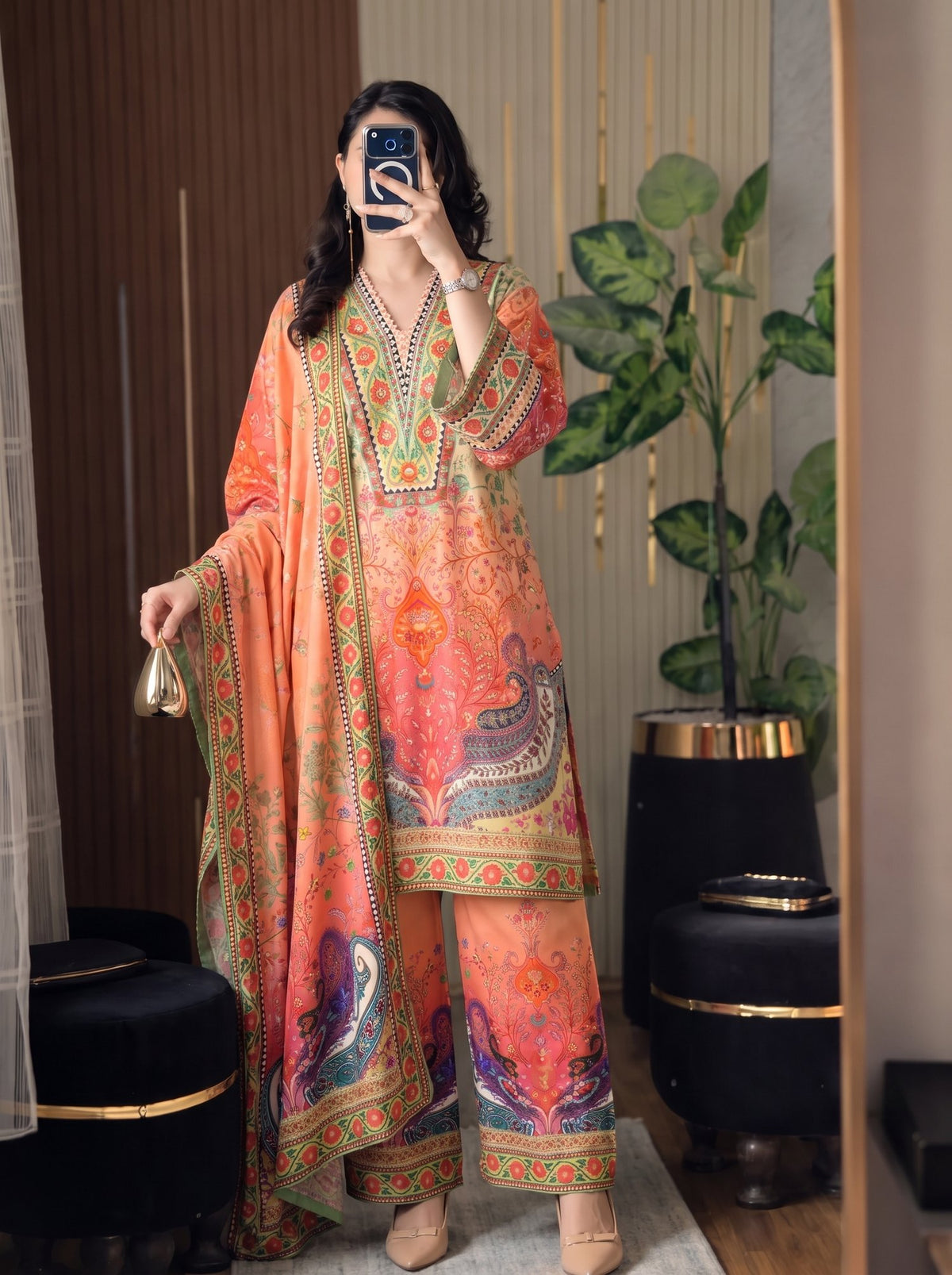 Gulnar coral poly lawn 3 piece printed suit with dupatta