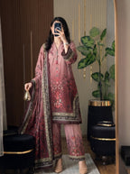 Gulrukh dusty rose poly lawn 3 piece printed suit with dupatta