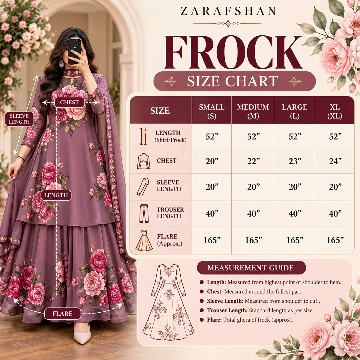 Zarafshan frock size chart - Small, Medium, Large, XL