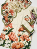 Unstitched digital printed silk 3-piece suit in cream with orange peonies and an olive border