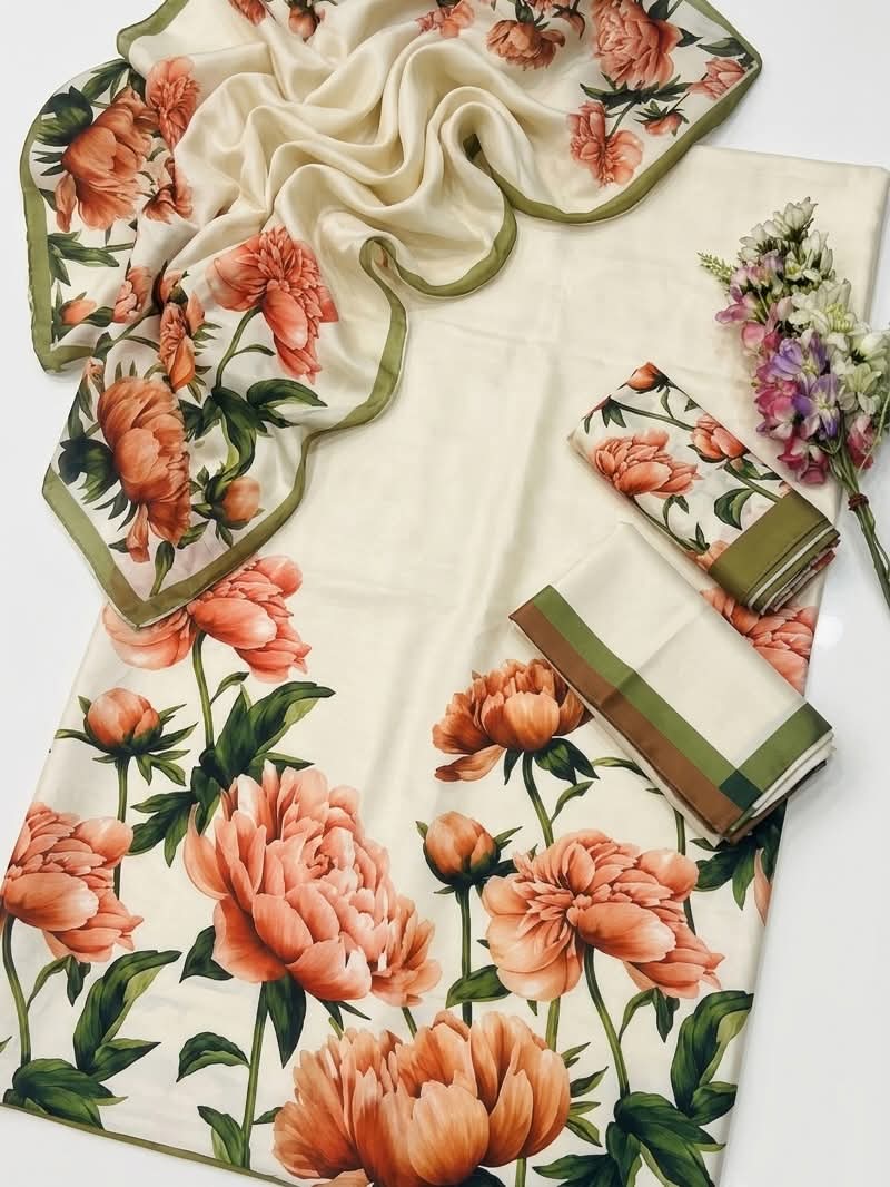 Unstitched digital printed silk 3-piece suit in cream with orange peonies and an olive border