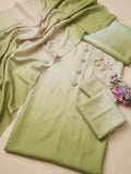 Unstitched digital printed silk 3-piece suit in sage to olive green ombre