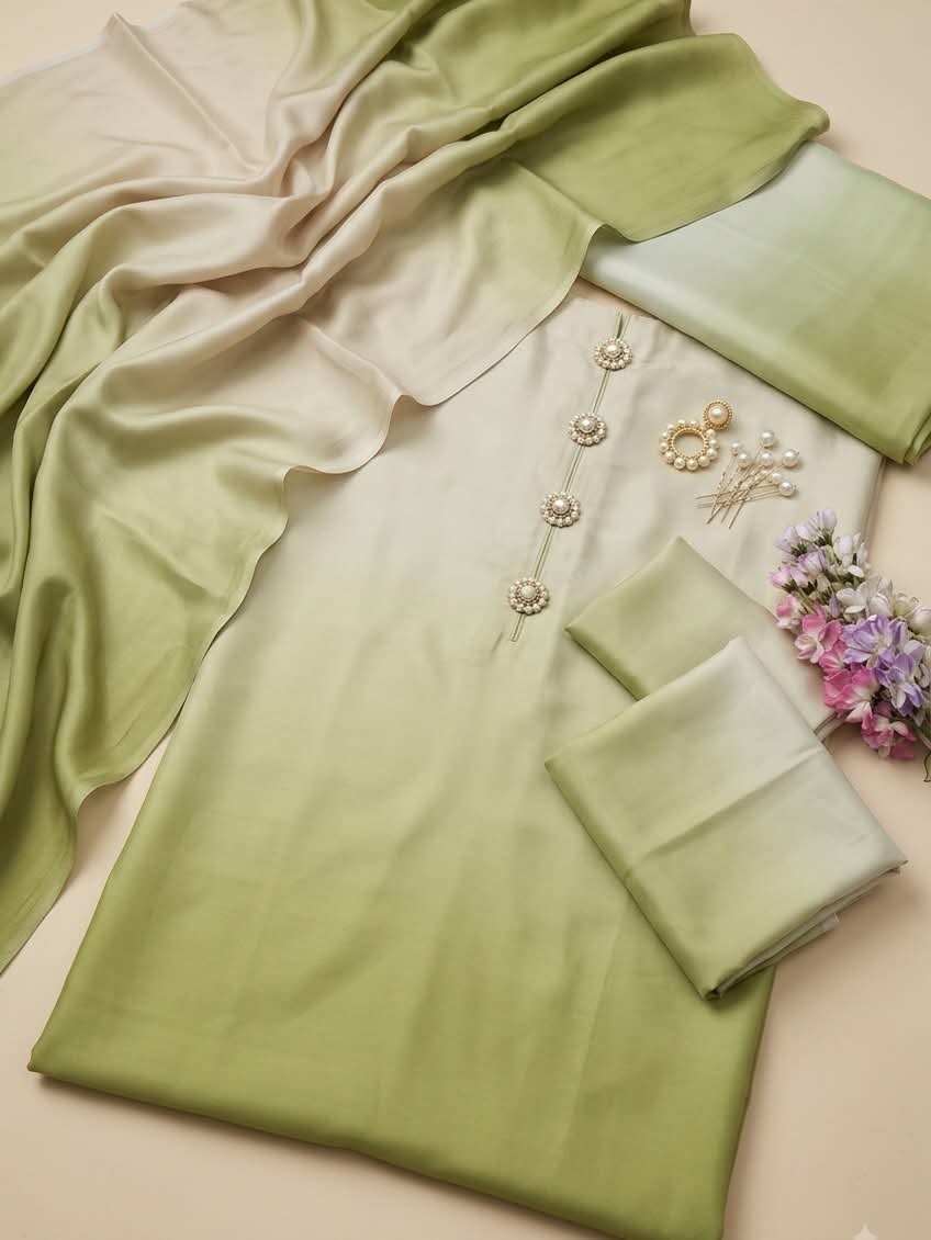 Unstitched digital printed silk 3-piece suit in sage to olive green ombre