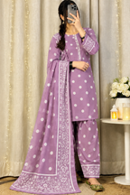Model wearing a lavender polka-dot suit with a white border and dupatta – digital printed silk 3-piece suit