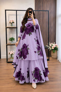 Model wearing a lavender flared set with purple roses and a matching dupatta – digital printed silk 3-piece suit