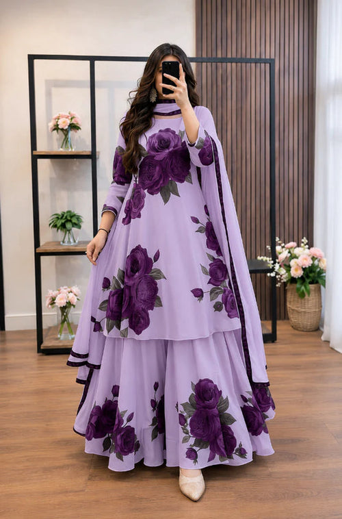 Model wearing a lavender flared set with purple roses and a matching dupatta – digital printed silk 3-piece suit