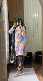 Model wearing a lilac-blue floral suit with dupatta – digital printed silk 3-piece suit
