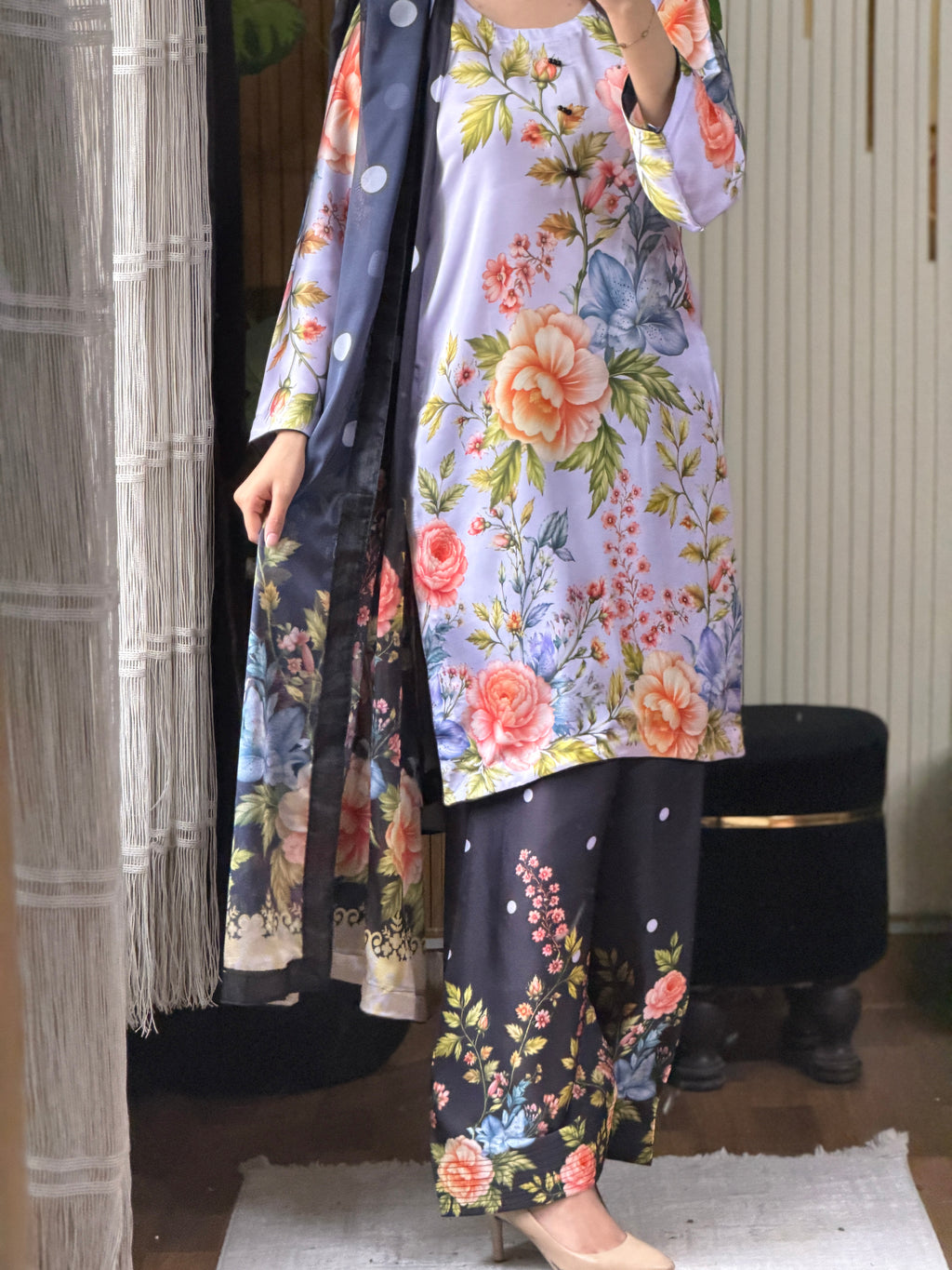 Lilac Bloom digital printed silk 3-piece suit, image 2 of 3