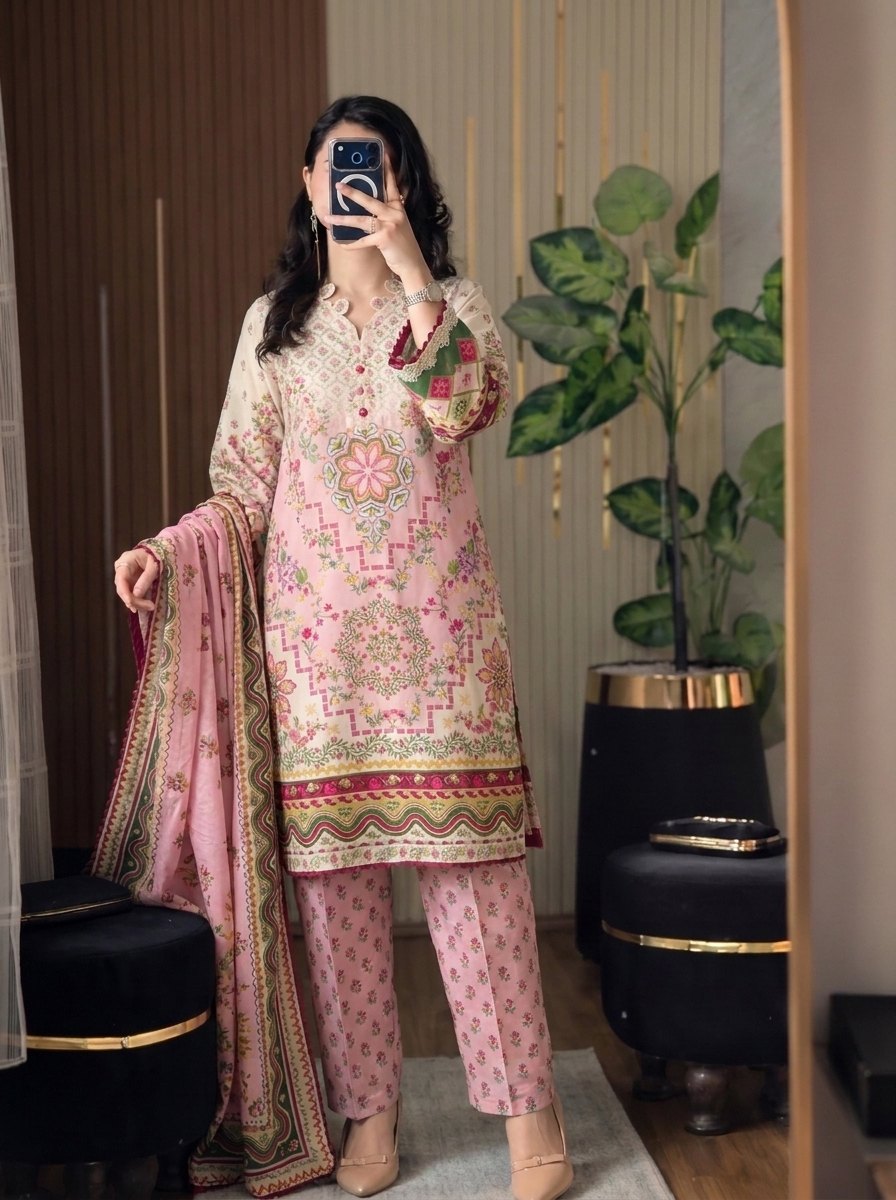 Mahnoor pink poly lawn 3 piece printed suit with dupatta
