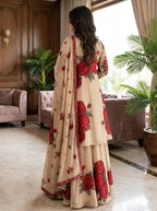Mehrbano - Beige & Red Rose Digital Printed Silk 3 Piece Frock