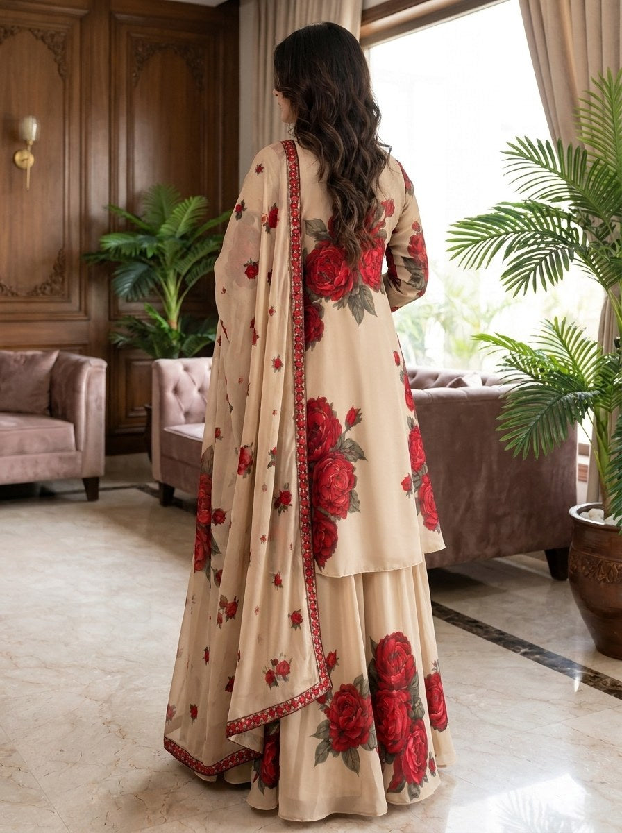 Mehrbano - Beige & Red Rose Digital Printed Silk 3 Piece Frock
