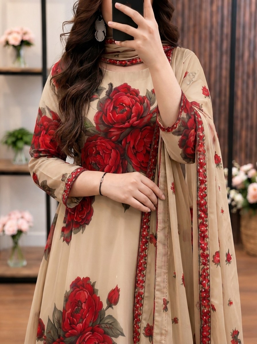 Mehrbano - Beige & Red Rose Digital Printed Silk 3 Piece Frock