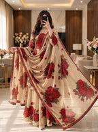 Mehrbano - Beige & Red Rose Digital Printed Silk 3 Piece Frock