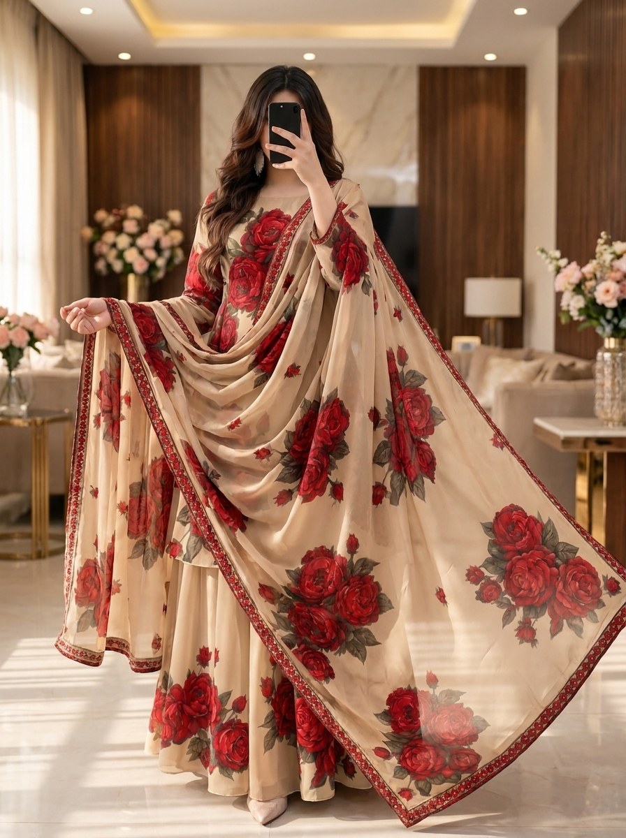 Mehrbano - Beige & Red Rose Digital Printed Silk 3 Piece Frock