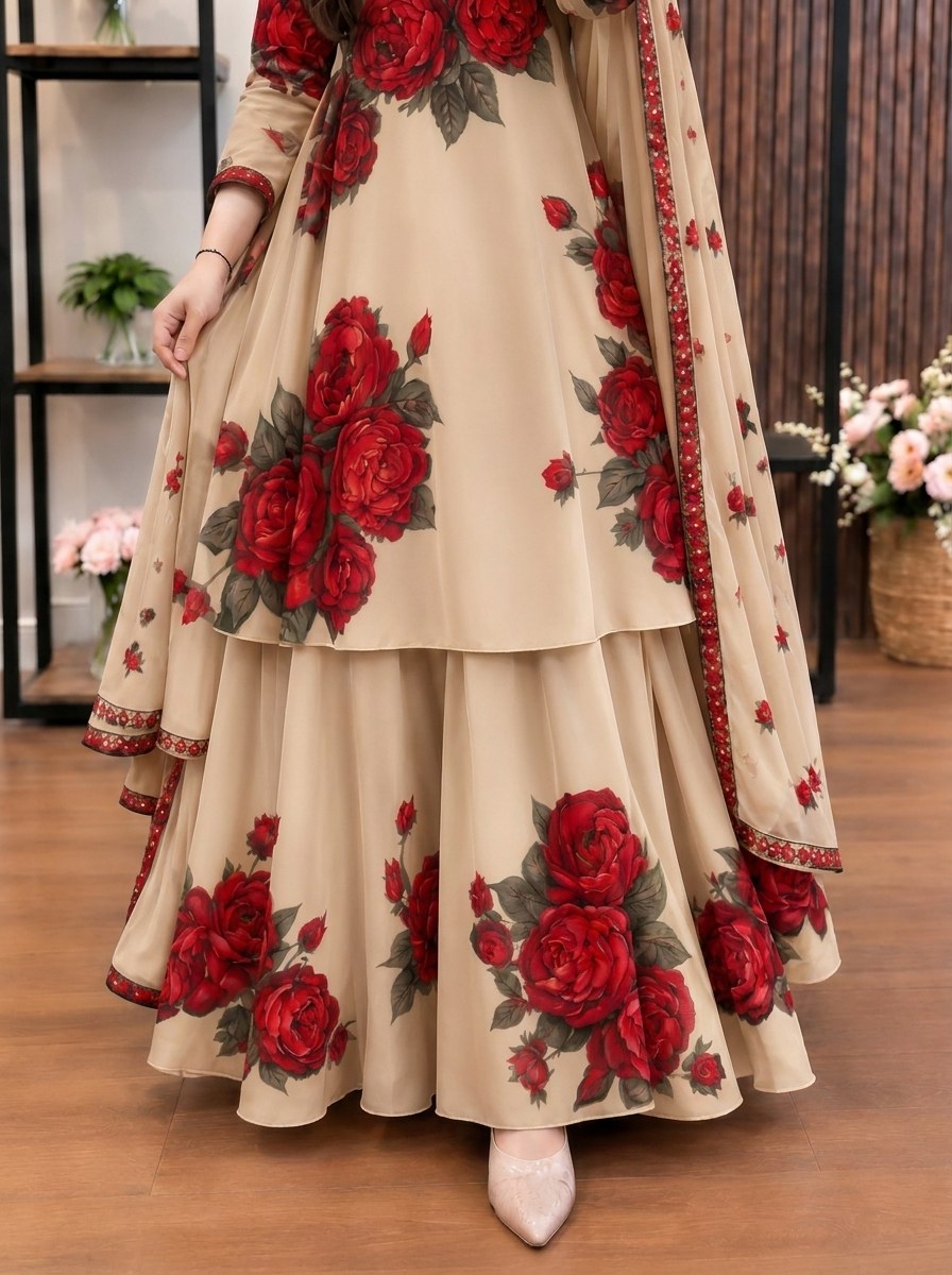 Mehrbano - Beige & Red Rose Digital Printed Silk 3 Piece Frock