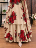 Mehrbano - Beige & Red Rose Digital Printed Silk 3 Piece Frock