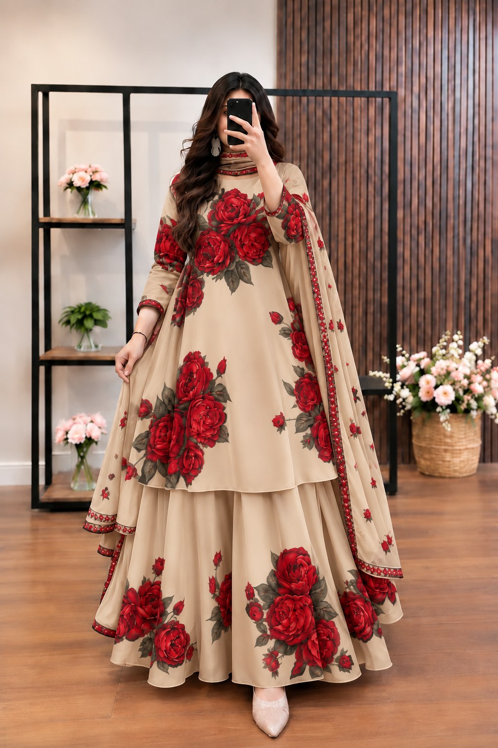 Mehrbano - Beige & Red Rose Digital Printed Silk 3 Piece Frock