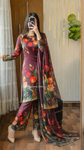 Model wearing a maroon suit with an orange tulip print and dupatta – digital printed silk 3-piece suit