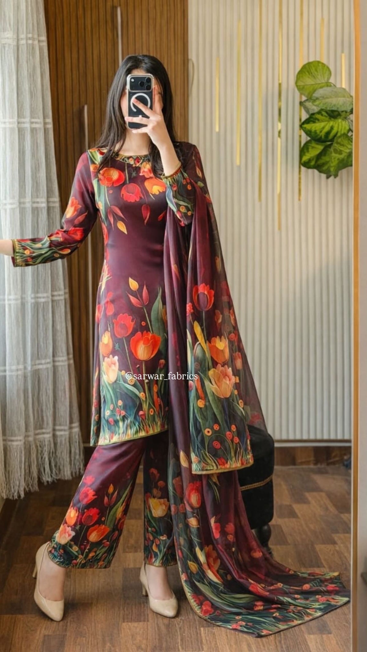 Model wearing a maroon suit with an orange tulip print and dupatta – digital printed silk 3-piece suit