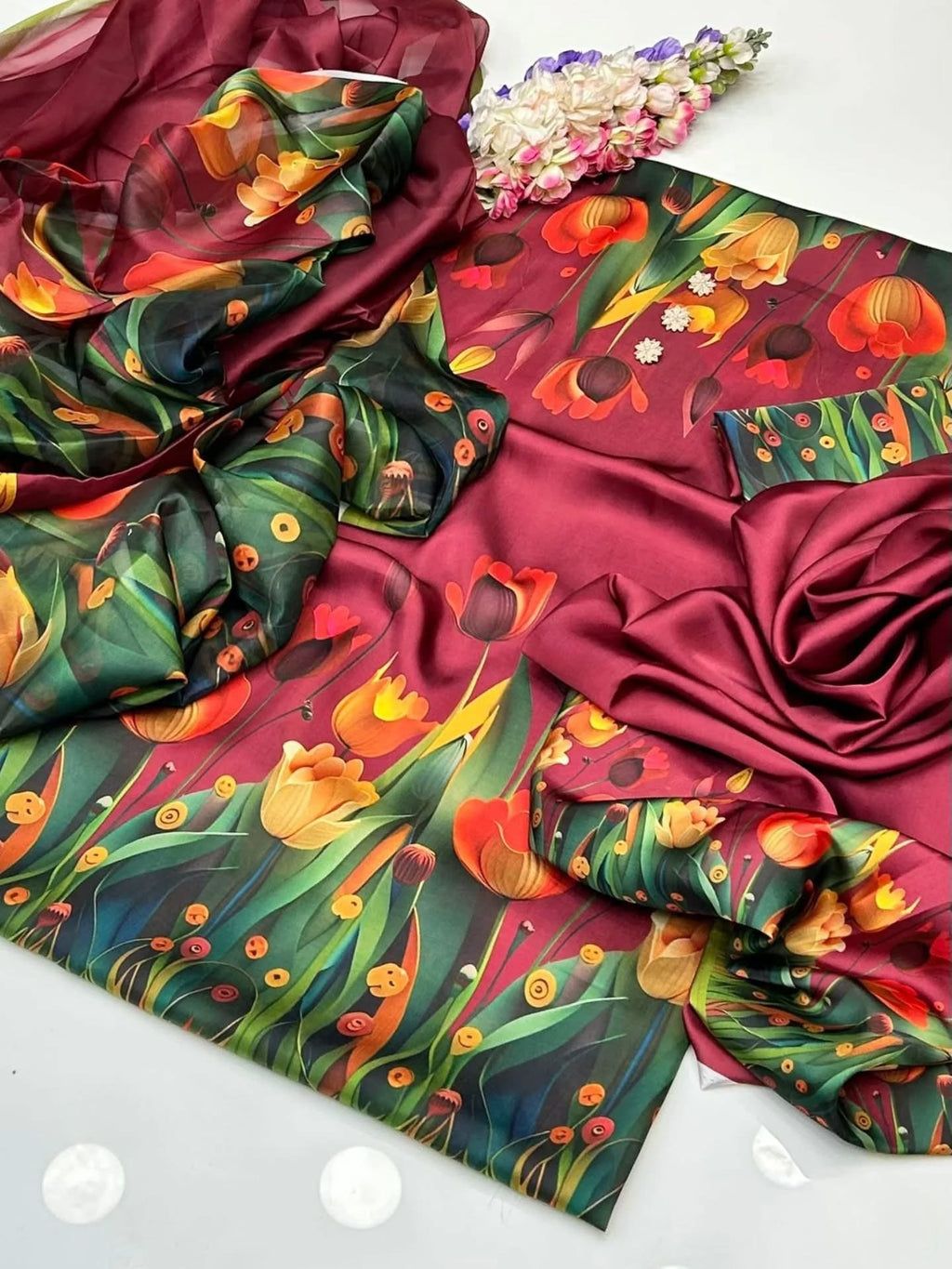 Mehroon 3D Flowers digital printed silk 3-piece suit, image 2 of 2