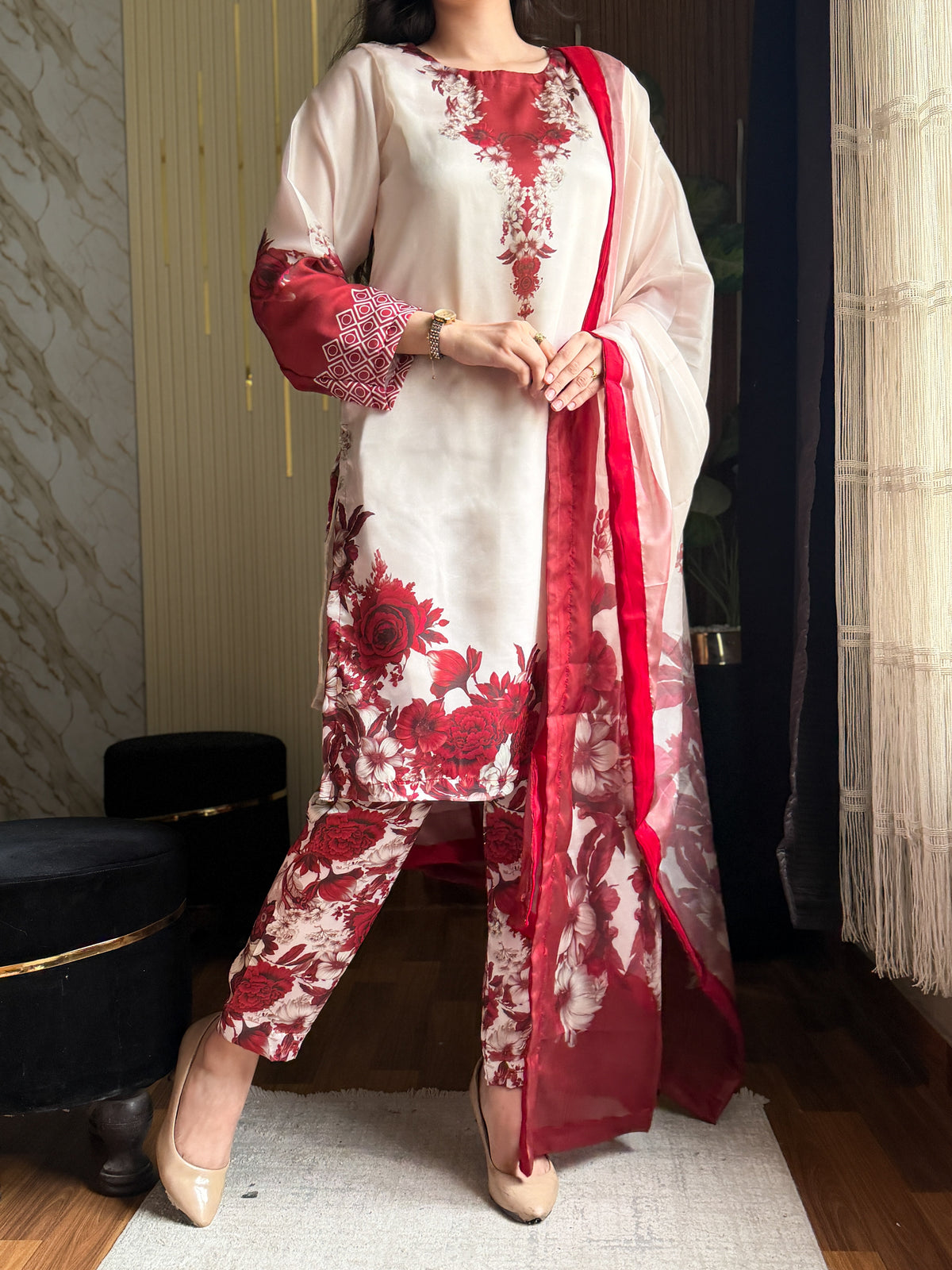 Model wearing a cream kurta with red-maroon floral print and a red dupatta – digital printed silk 3-piece suit