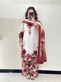 Model wearing a cream kurta with maroon-red florals and a maroon dupatta – digital printed silk 3-piece suit