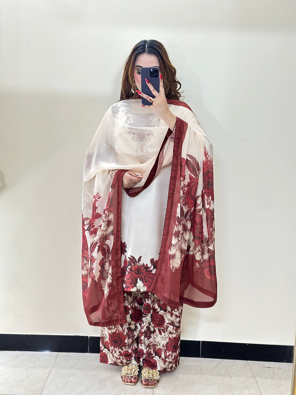 Mehroon Phool digital printed silk 3-piece suit, image 2 of 3