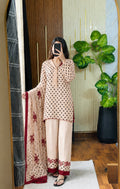 Model wearing a cream suit with maroon polka dots and a printed dupatta – digital printed silk 3-piece suit