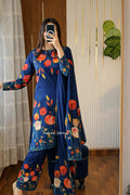 Model wearing a navy suit with red and orange tulips and a navy dupatta – digital printed silk 3-piece suit