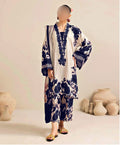 Model wearing a cream and navy floral kurta with trousers – digital printed silk 3-piece suit