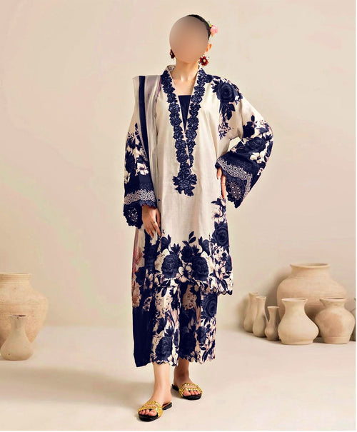 Model wearing a cream and navy floral kurta with trousers – digital printed silk 3-piece suit