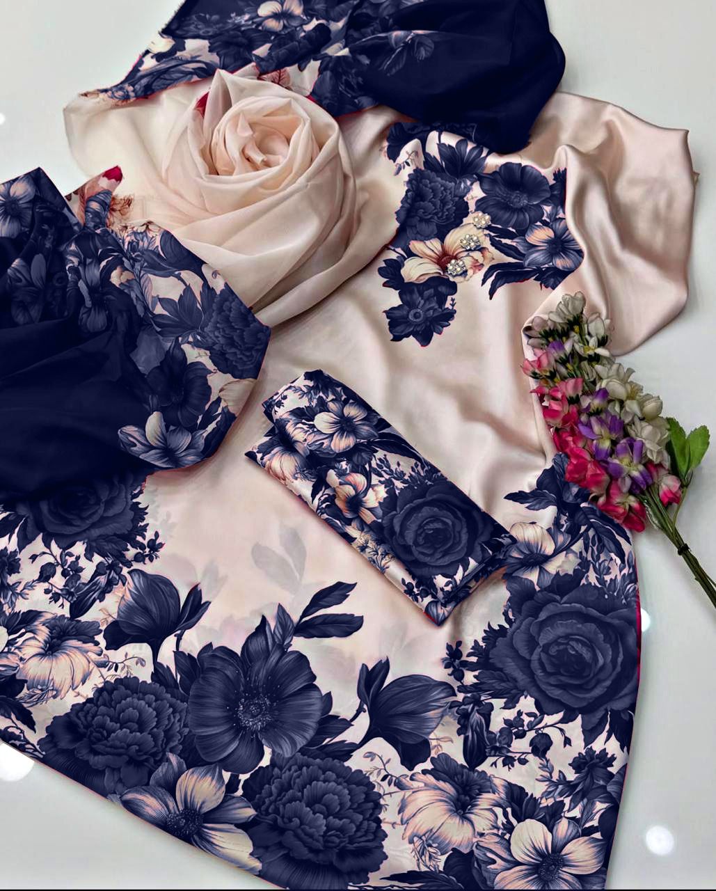 Unstitched digital printed silk 3-piece suit in beige and navy floral print with a navy dupatta