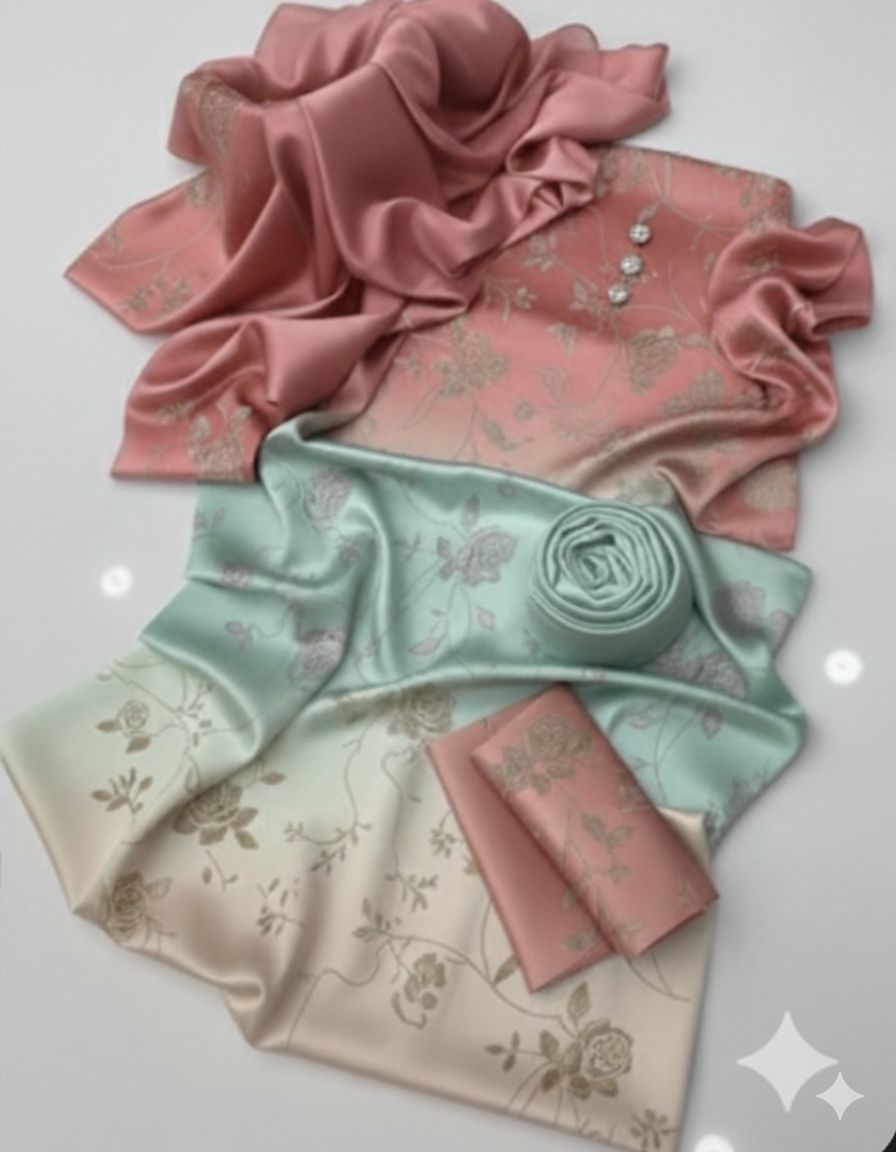 Unstitched digital printed silk 3-piece suit in peach, aqua and cream ombre with a tonal floral print