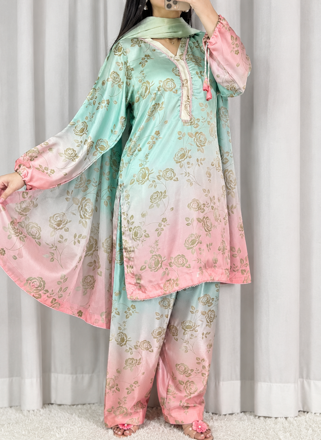 Peach Mist digital printed silk 3-piece suit, image 2 of 3