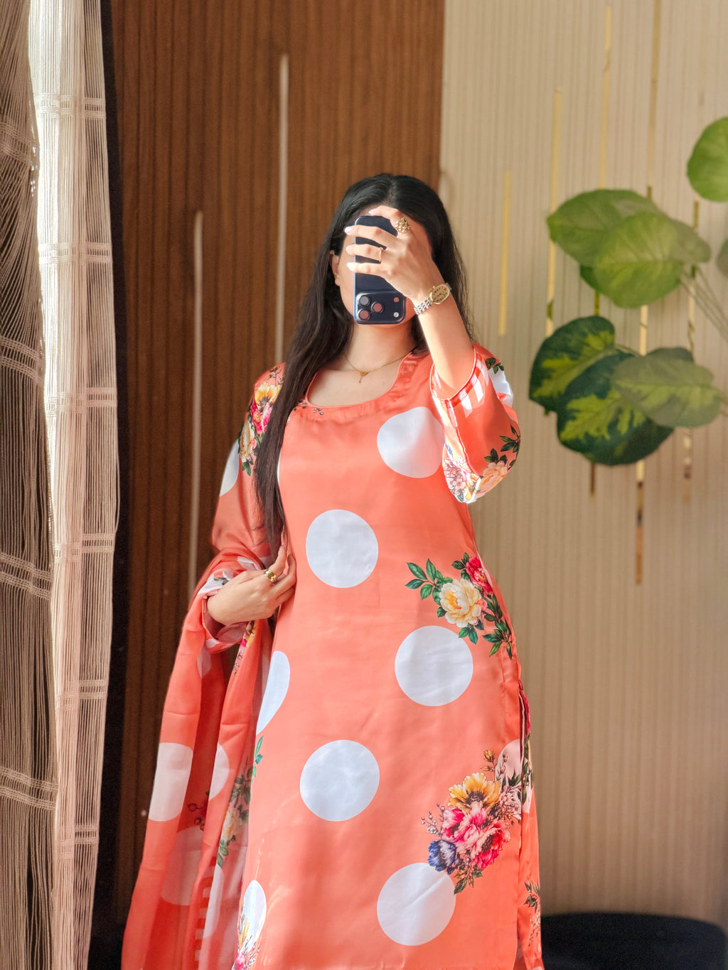 Peach Polka digital printed silk 3-piece suit, image 2 of 2