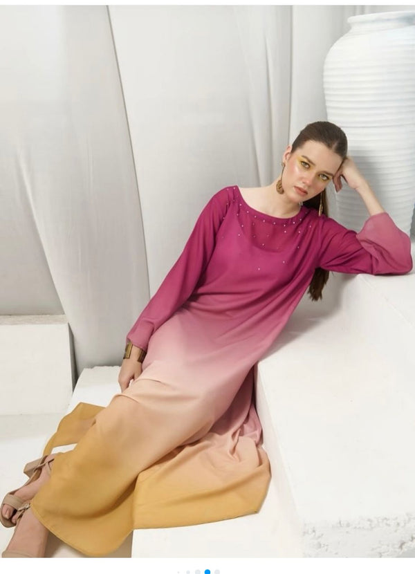 Digital Printed Silk 3 Pcs - Pink Mustard (Design 2)