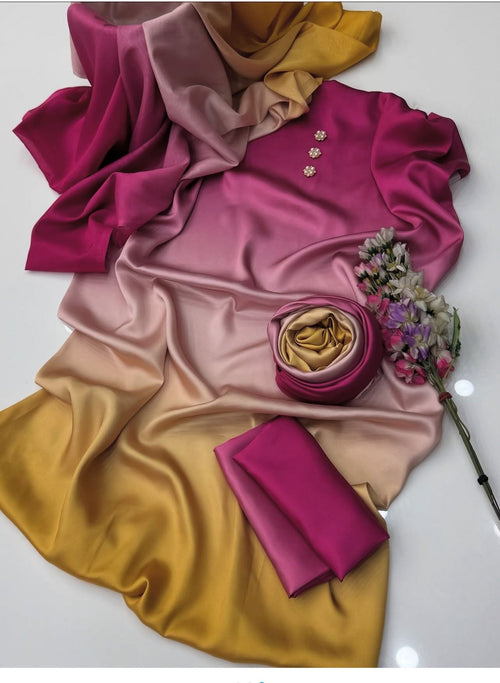 Unstitched digital printed silk 3-piece suit in magenta, peach and mustard ombre
