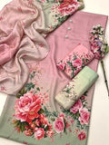 Unstitched digital printed silk 3-piece suit in pink with large roses and a sage green trouser