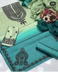 Unstitched digital printed silk 3-piece suit in pistachio-to-teal ombre with a black motif neckline print