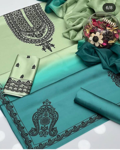 Unstitched digital printed silk 3-piece suit in pistachio-to-teal ombre with a black motif neckline print