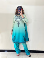 Model wearing an aqua-to-teal ombre kurta with matching trousers – digital printed silk 3-piece suit